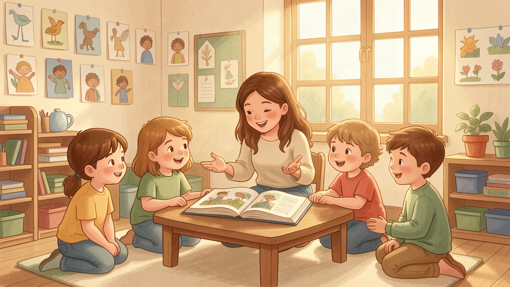 A teacher reading a Bible story with children