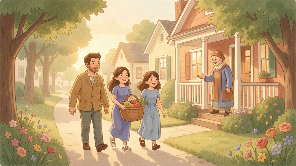 A family bringing a basket to a neighbor