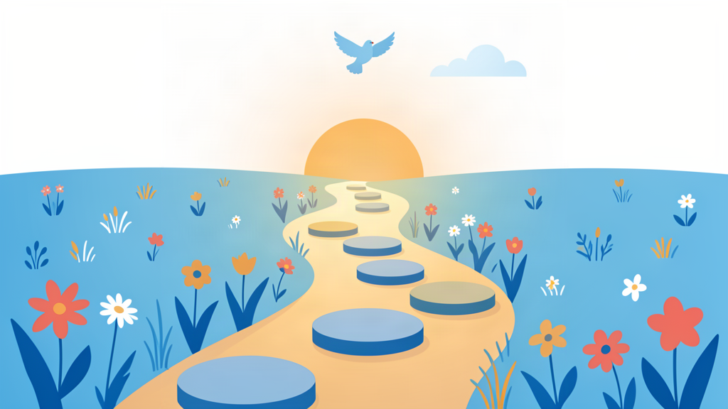 A path of stepping stones through wildflowers toward the sunrise